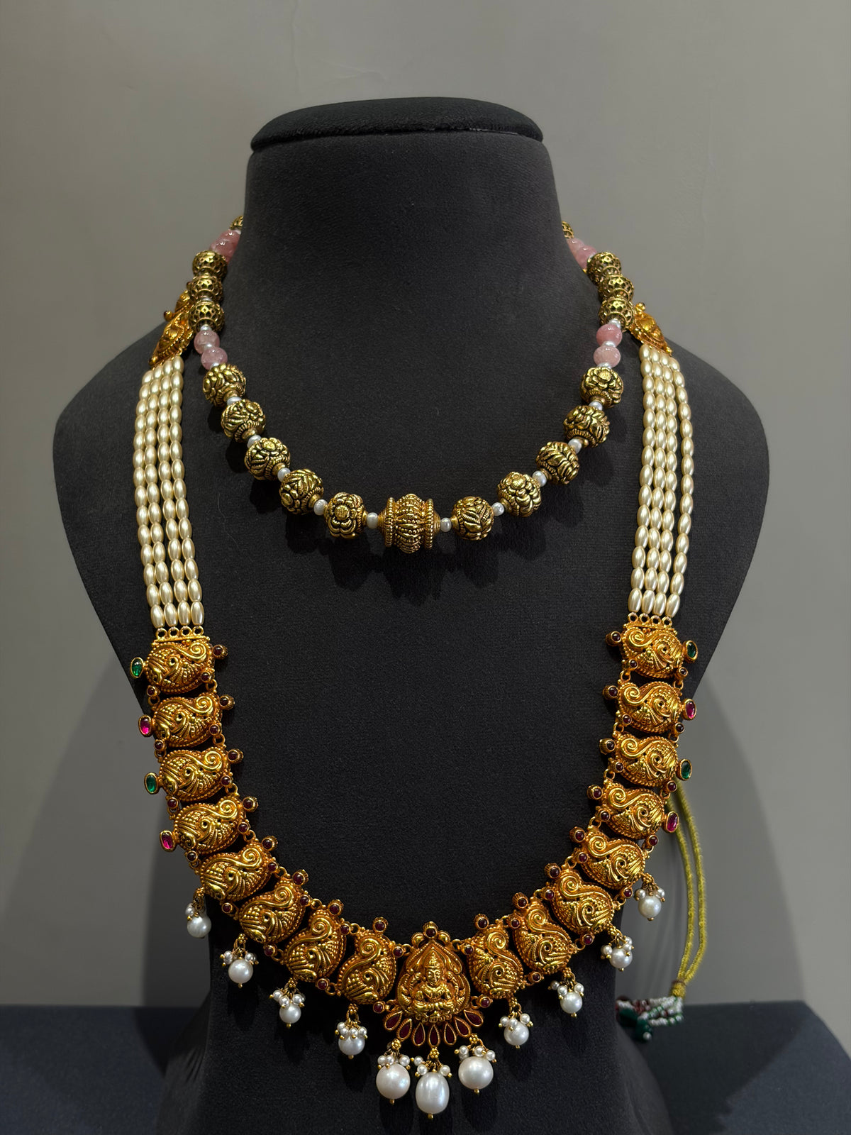 Ornate gold plated sterling silver and pearl necklace