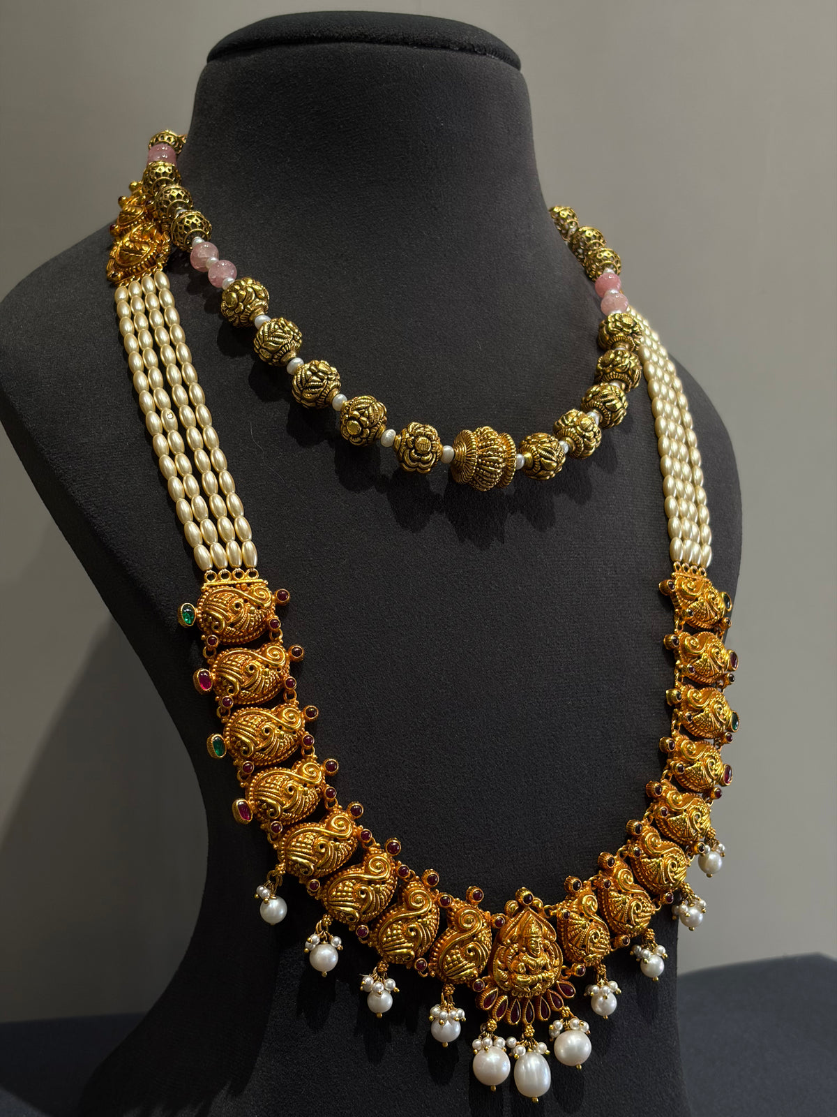 Ornate gold plated sterling silver and pearl necklace